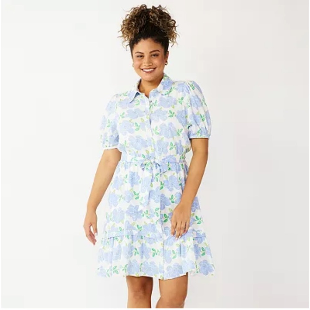 DRAPER JAMES RSVP Floral Puff Sleeve Shirt White/Blue/Green Mini Dress